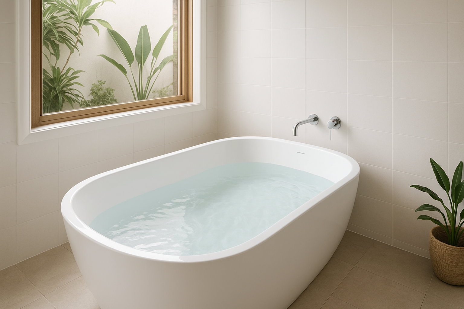 Calm modern Australian bathroom with a clean bathtub