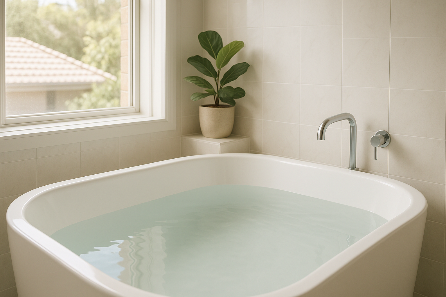 Calm modern Australian bathroom with a clean bathtub