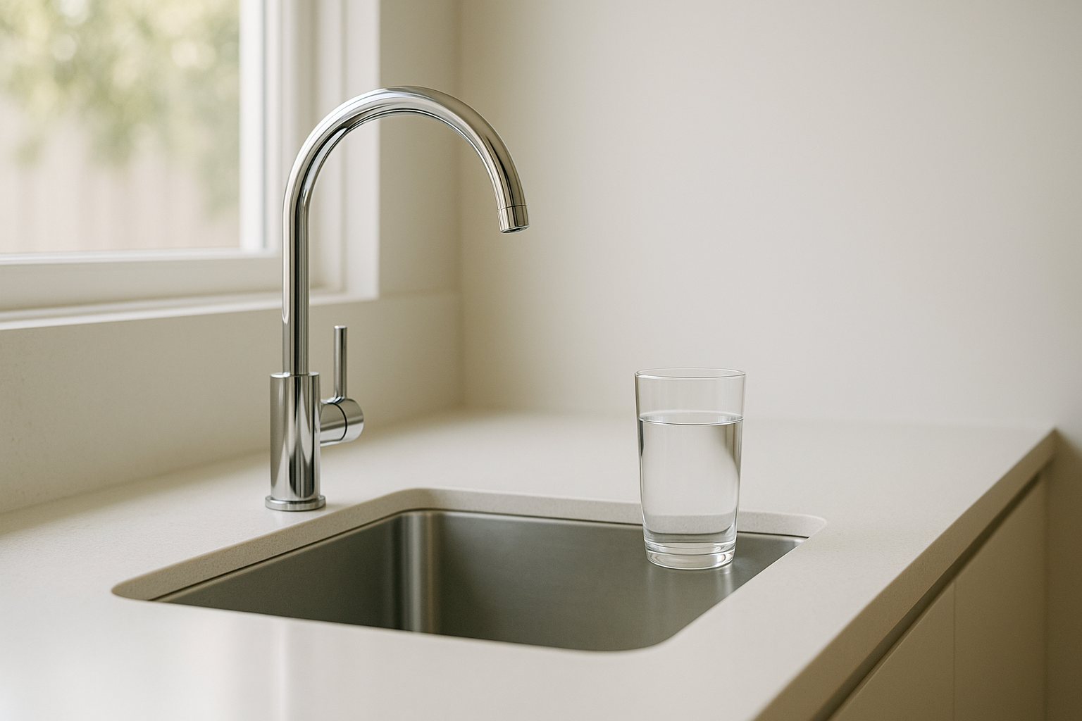 Clean modern Australian kitchen sink with a glass of fresh water