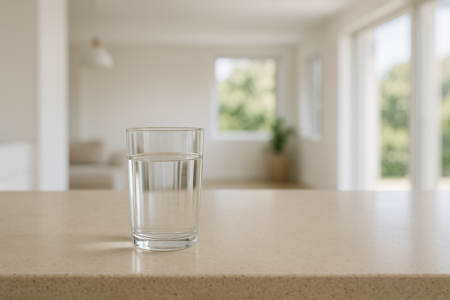 A glass of fresh water on a kitchen benchtop in a bright modern Australian home