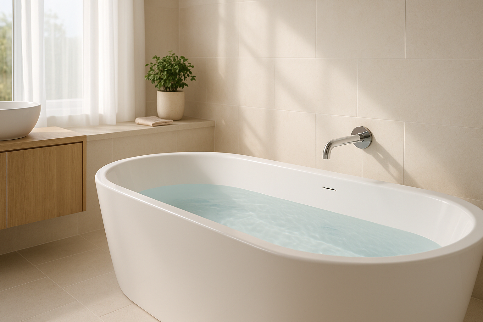 Calm modern Australian bathroom with a clean bathtub