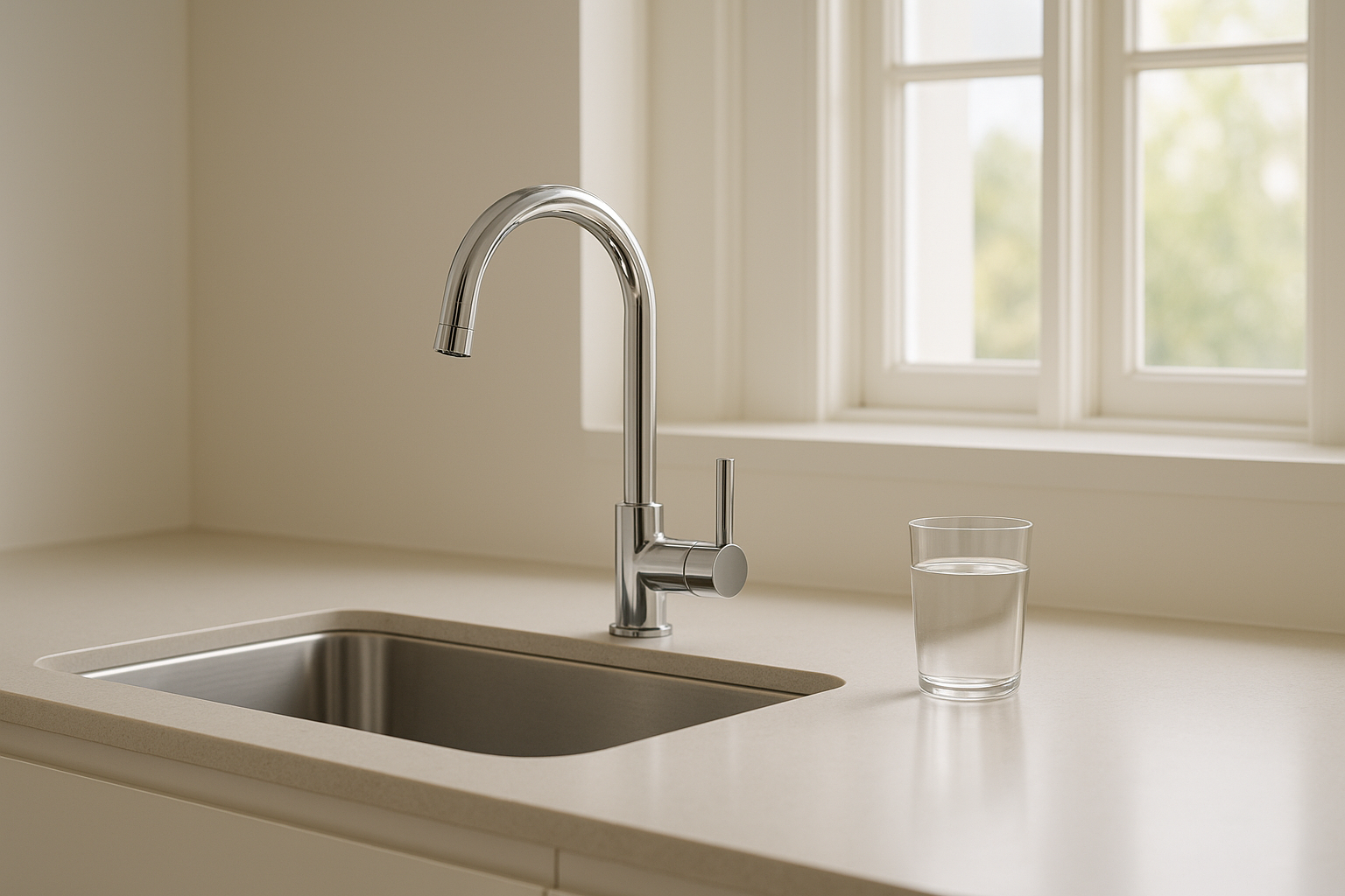 Clean modern Australian kitchen sink with a glass of fresh water