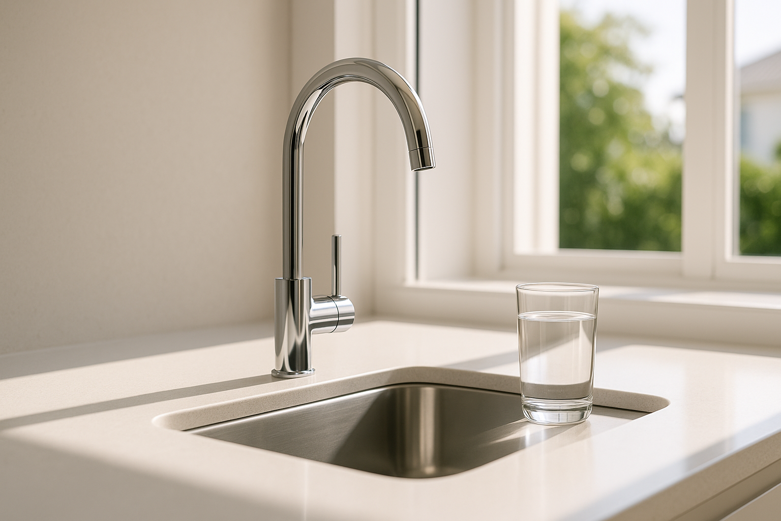 Clean modern Australian kitchen sink with a glass of fresh water