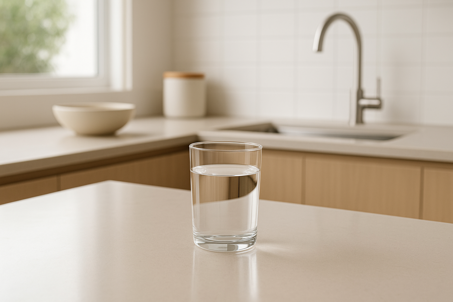 Clean modern Australian kitchen countertop with a glass of water