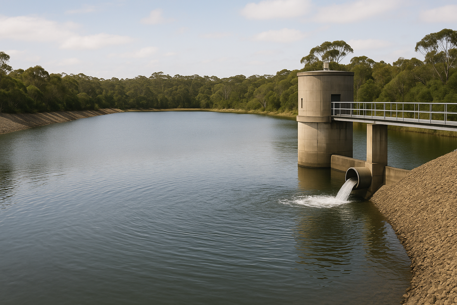 An open raw-water storage reservoir in a catchment, untreated water standing in an open catchment reservoir before it is drawn off, australian water supply catc