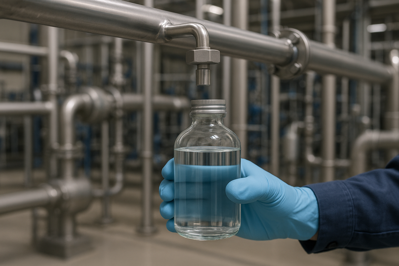 A technician collecting a treated-water sample at a treatment facility, collecting a treated-water sample from a plant sampling point, australian water treatmen