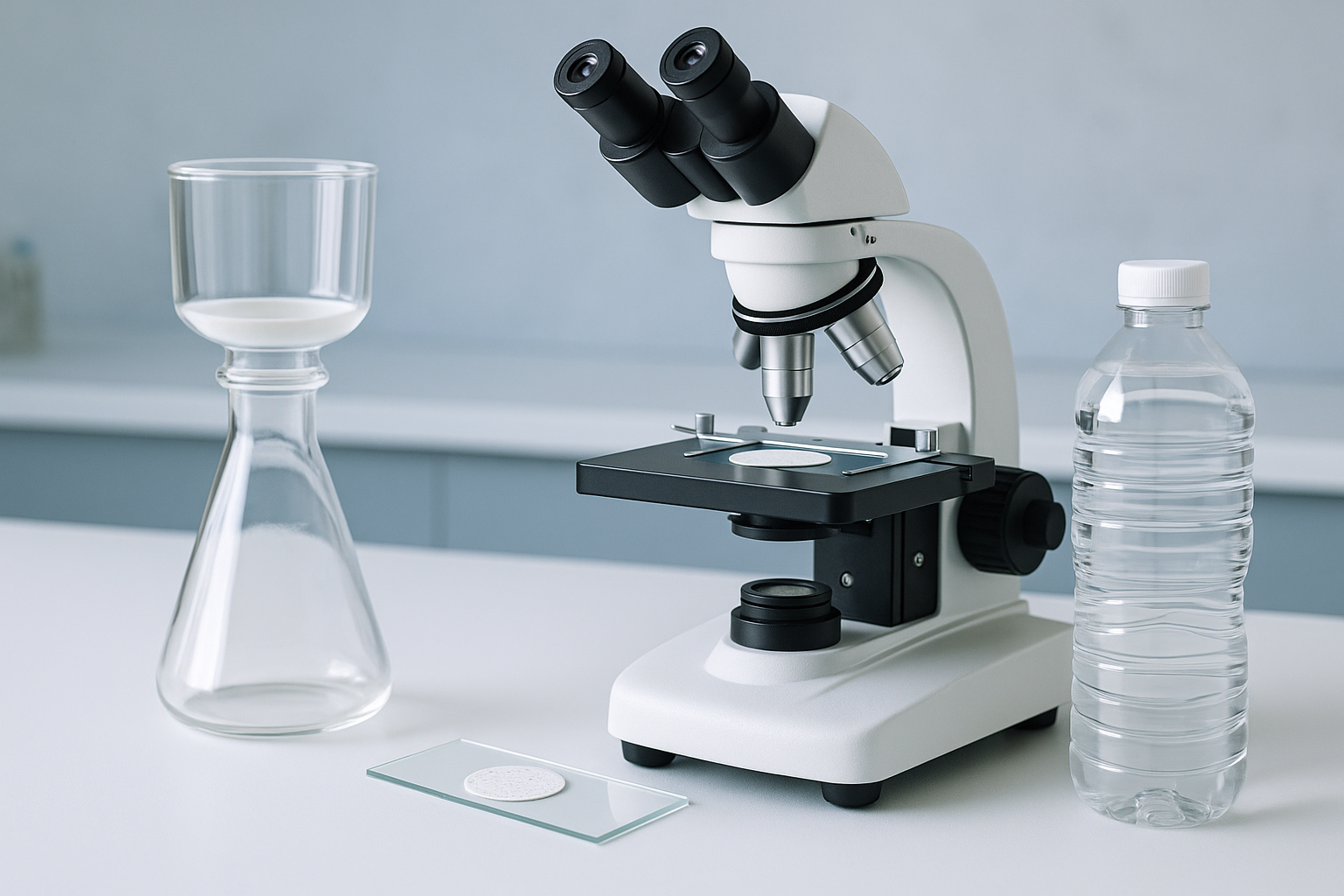 A filtration membrane from a bottled-water sample under a microscope, examining a filtration membrane from a bottled-water sample under a microscope, australian