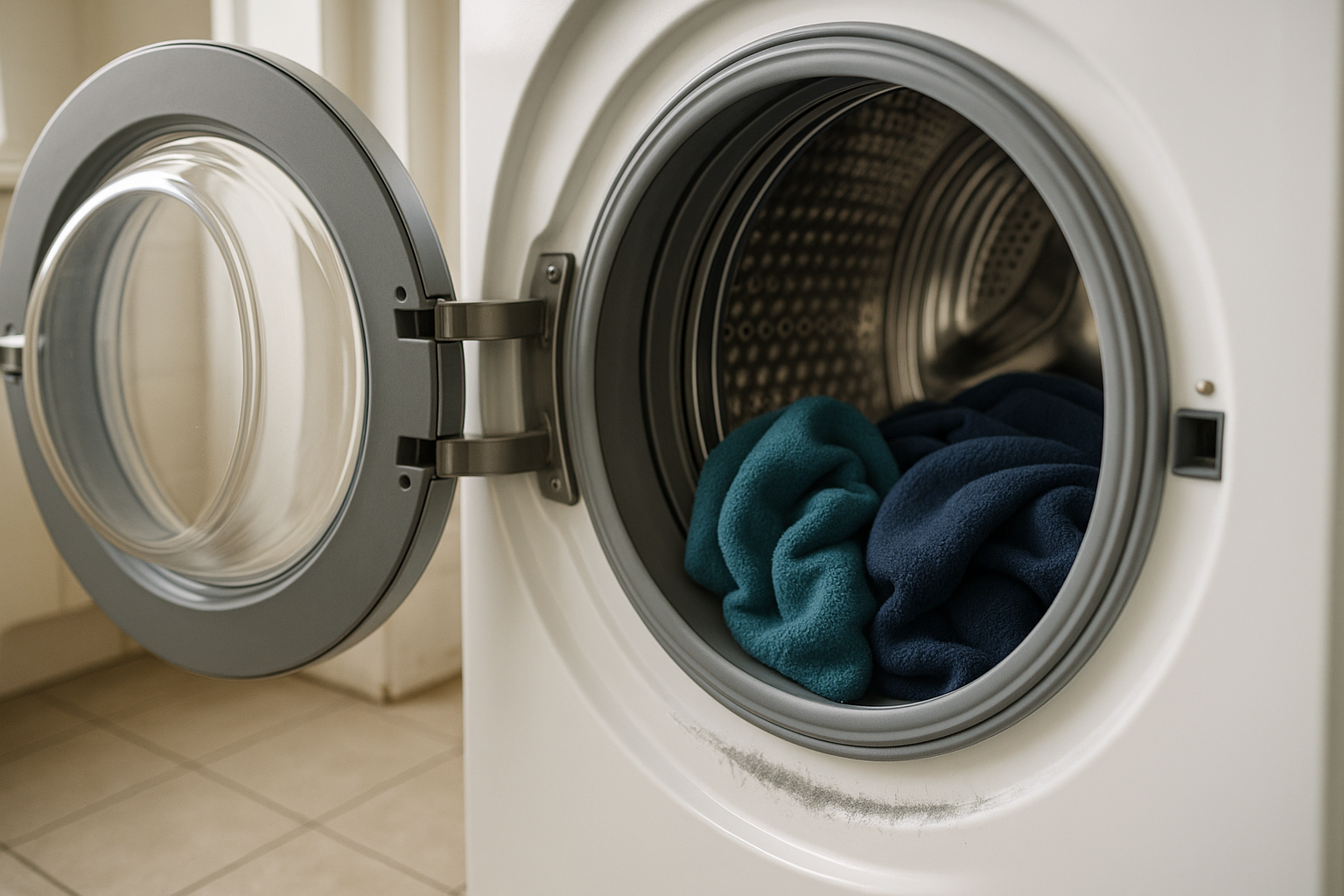 A front-loading washing machine drum holding synthetic fleece clothing, grey synthetic lint caught in the door seal after a wash, australian home laundry