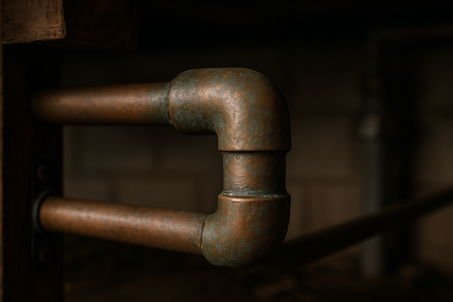 An older soldered pipe joint in a household supply line, an aged soldered joint sitting in a household supply line, australian home, under-sink or meter box