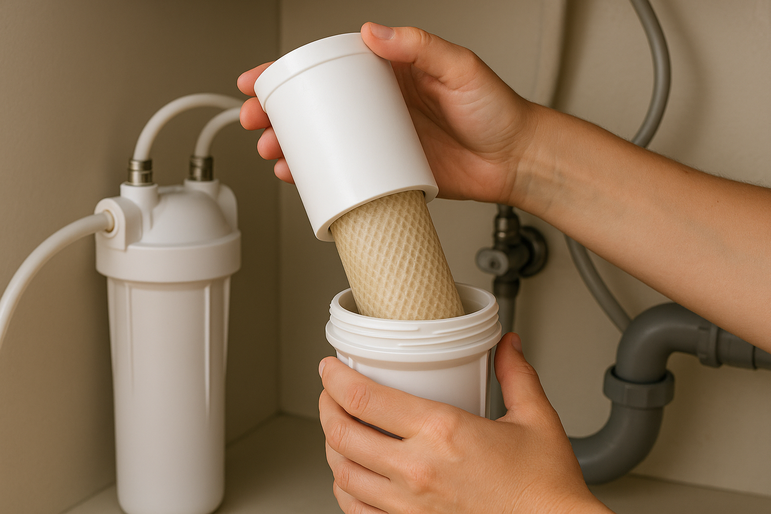 A filter cartridge being lifted out of its housing, hands lifting a spent cartridge out of a filter housing, australian home, under-sink