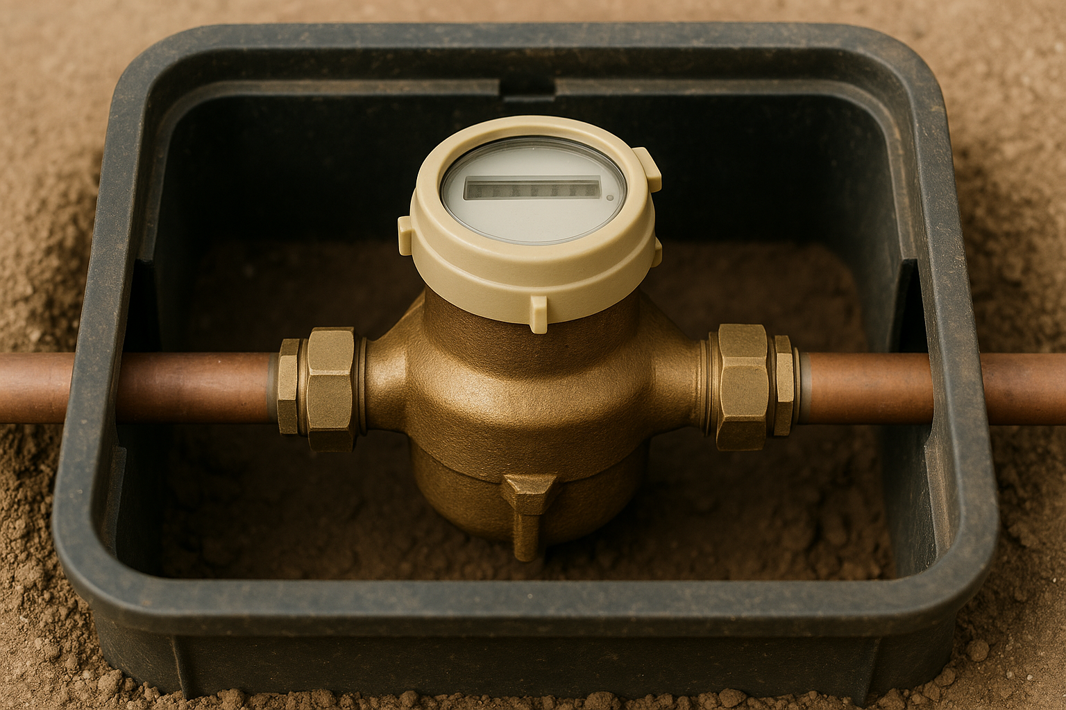 A household water meter at the property boundary, a water meter connected in line on the supply pipe inside its boundary box, australian home, front boundary