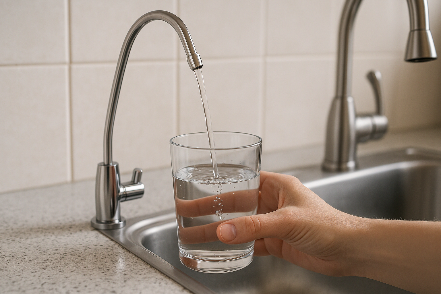 A household filter outlet delivering filtered water, filtered water being drawn at a dedicated household outlet, australian home kitchen